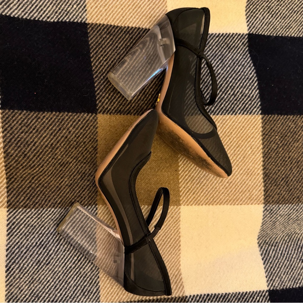 Prada Black Sheer Shoes with sewn-in straps and crystal clear heels . Size 7.5.
